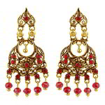 Медные индийские серьги, покрытые позолотой, с красными бусинками и стразами