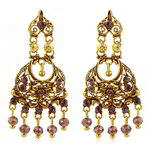 Медные индийские серьги, покрытые позолотой, с фиолетовыми бусинками и стразами