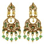 Медные индийские серьги, покрытые позолотой, с зелёными бусинками и стразами