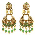 Медные индийские серьги, покрытые позолотой, с зелёными бусинками и стразами