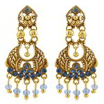 Медные индийские серьги, покрытые позолотой, с синими бусинками и стразами