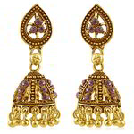 Медные индийские серьги-колокольчики, покрытые позолотой, с фиолетовыми стразами