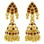 Медные индийские серьги-колокольчики, покрытые позолотой, с бордовыми стразами