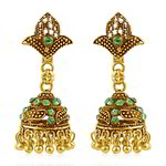 Медные индийские серьги-колокольчики, покрытые позолотой, с зелёными стразами