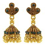 Медные индийские серьги-колокольчики, покрытые позолотой, с тёмно-зелёными стразами