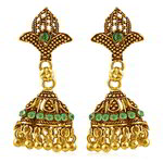 Позолоченные индийские серьги-колокольчики с зелёными стразами