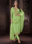 Салатовое индийское платье / костюм из креп-жоржета, с рукавами три четверти, украшенное вышивкой с люрексом