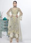 Светло-серый женский индийский костюм, украшенный вышивкой с люрексом