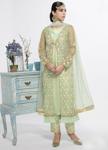 Пастельно-зелёный женский индийский костюм, украшенный вышивкой с люрексом
