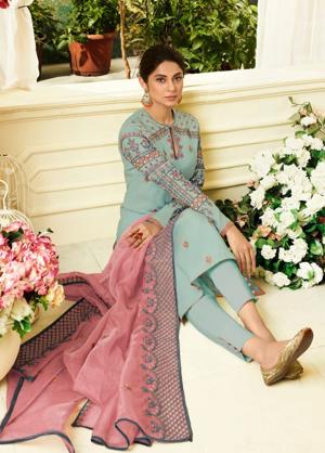 Серо-голубое индийское платье / костюм, с длинными рукавами, украшенное вышивкой