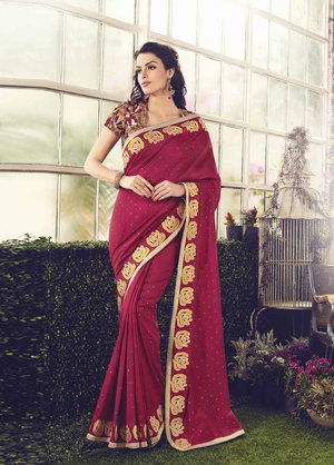 Вишнёвое индийское сари из хлопка, украшенное вышивкой