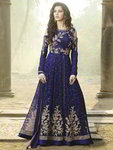 Тёмно-синее длинное платье / костюм в пол, с длинными рукавами, украшенное вышивкой