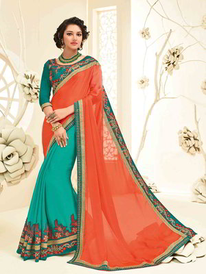 Оранжевое и зелёное шифоновое индийское сари