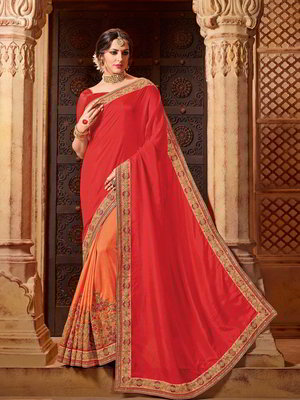 Оранжевое и красное индийское сари из лайкры