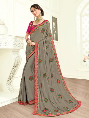 Серое индийское сари из шёлка-сырца