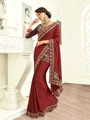 Бордовое индийское сари из шёлка-сырца