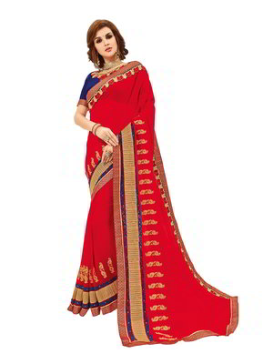 Красное индийское сари из креп-жоржета и из шёлка-сырца