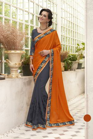 Оранжевое, разноцветное и серое индийское сари из жаккардовой ткани и из крепа