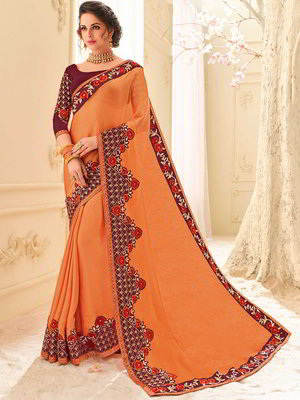 Оранжевое шёлковое и шифоновое индийское сари