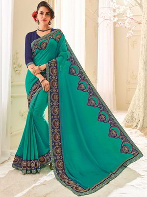 Зелёное шёлковое индийское сари