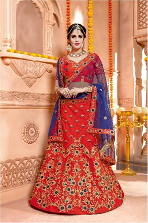Красный национальный индийский женский свадебный костюм лехенга (ленга) чоли, украшенный вышивкой