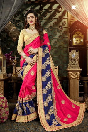 Тёмно-синее, розовое и цвета фуксии индийское сари из дизайнерского шёлка, украшенное вышивкой
