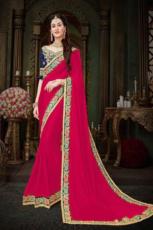 Розовое индийское сари из креп-жоржета, украшенное вышивкой