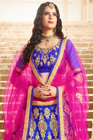 Синий индийский женский свадебный костюм лехенга (ленга) чоли из фатина