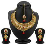 Медное индийское колье, покрытое позолотой + серьги-колокольчики + тика