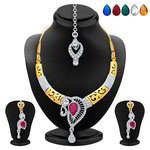 Двухцветное индийское колье, покрытое позолотой и родием с розовыми стразами (варианты — голубые, красные, зелёные, белые, жёлтые) + серьги + украшение для волос (на лоб)