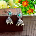 Серебряные индийские серьги-колокольчики с бирюзовыми стразами
