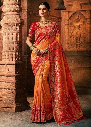 Двухцветное роскошное свадебное индийское сари