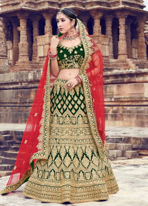 Зелёный бархатный национальный индийский женский свадебный костюм лехенга (ленга) чоли, украшенный вышивкой с люрексом