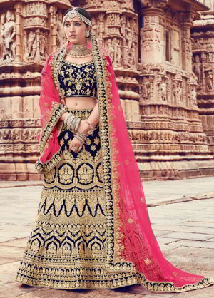 Полуночно-синий национальный индийский женский свадебный костюм лехенга (ленга) чоли из бархата, украшенный вышивкой люрексом