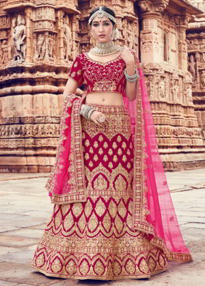 Национальный индийский женский свадебный костюм лехенга (ленга) чоли из бархата цвета фуксии, украшенный вышивкой люрексом