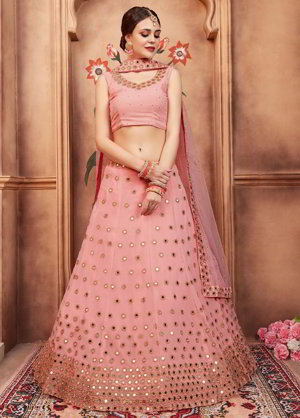 Персиковый индийский женский свадебный костюм лехенга (ленга) чоли из креп-жоржета