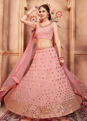 Персиковый индийский женский свадебный костюм лехенга (ленга) чоли из креп-жоржета