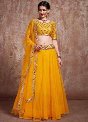 Горчичный и жёлтый индийский женский свадебный костюм лехенга (ленга) чоли из фатина