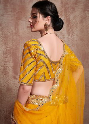 Горчичный и жёлтый индийский женский свадебный костюм лехенга (ленга) чоли из фатина