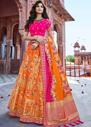 Оранжевый индийский женский свадебный костюм лехенга (ленга) чоли из шёлка, украшенный вышивкой