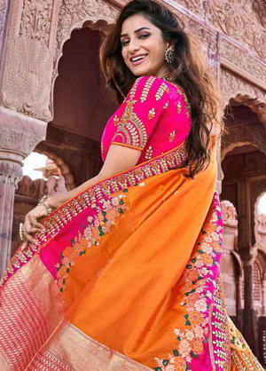 Оранжевый индийский женский свадебный костюм лехенга (ленга) чоли из шёлка, украшенный вышивкой