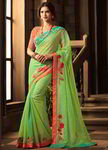Светло-зелёное индийское сари, украшенное вышивкой скрученной шёлковой нитью с люрексом