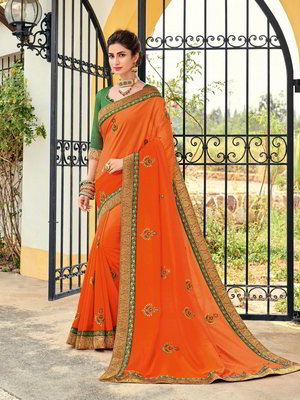 Оранжевое шёлковое индийское сари