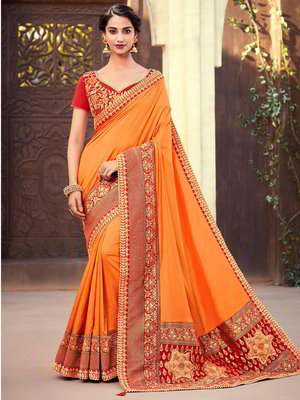 Оранжевое и красное жаккардовое и шёлковое индийское сари