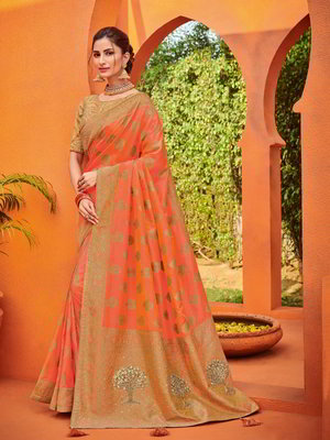 Оранжевое и золотое шёлковое и жаккардовое индийское сари