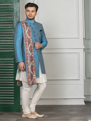 Белый с лазурным национальный индийский мужской костюм-тройка + дупатта