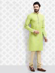 Фисташковый с бежевым национальный индийский мужской костюм-двойка из хлопка