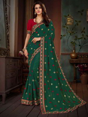 Тёмно-зелёное индийское сари из шёлка, украшенное вышивкой