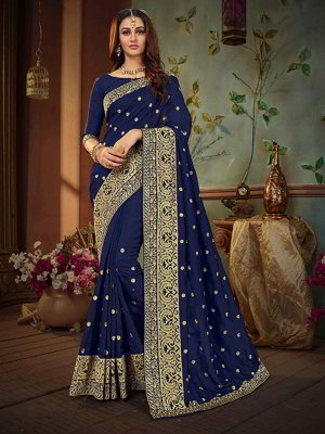 Тёмно-синее индийское сари из шёлка, украшенное вышивкой