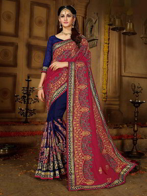 Тёмно-синее и красное шёлковое индийское сари, украшенное вышивкой
